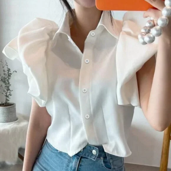 White Casual Women's Single-Breasted Shirt With Puff Sleeve Design - Picture 1 of 4